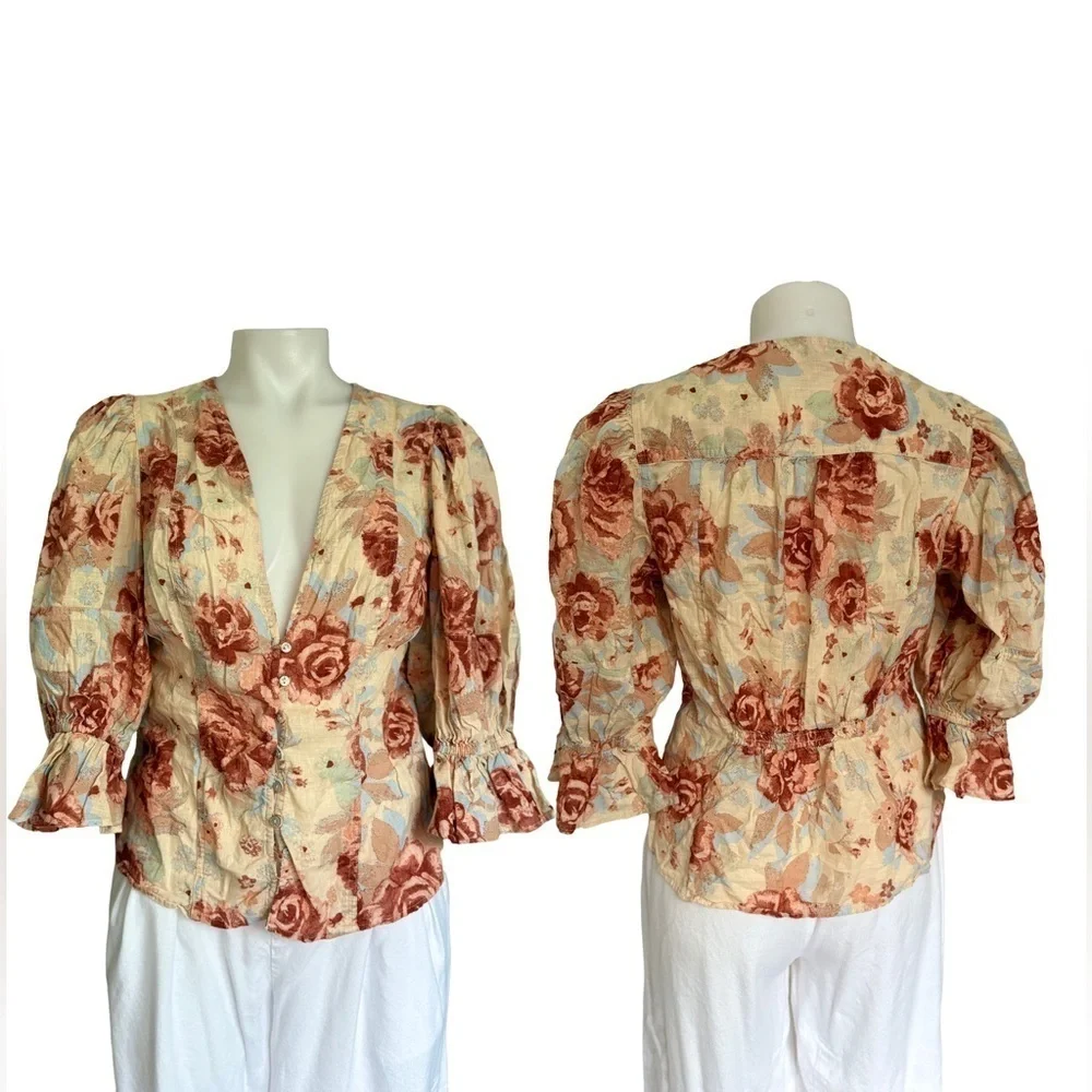 Free People Floral Puff Sleeve Blouse - Cream and Brown